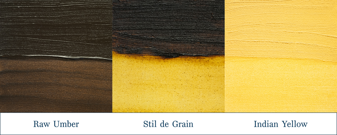 Image Showing Masstone and Undertone differences between Stil de Grain, Raw Umber, and Indian Yellow