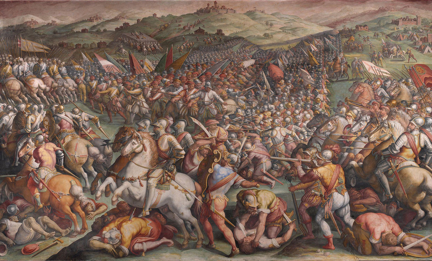 a large group of people on horseback engaged in a battle, with some individuals wielding swords and others armed with spears. The scene is set in a mountainous landscape, with buildings visible in the background.