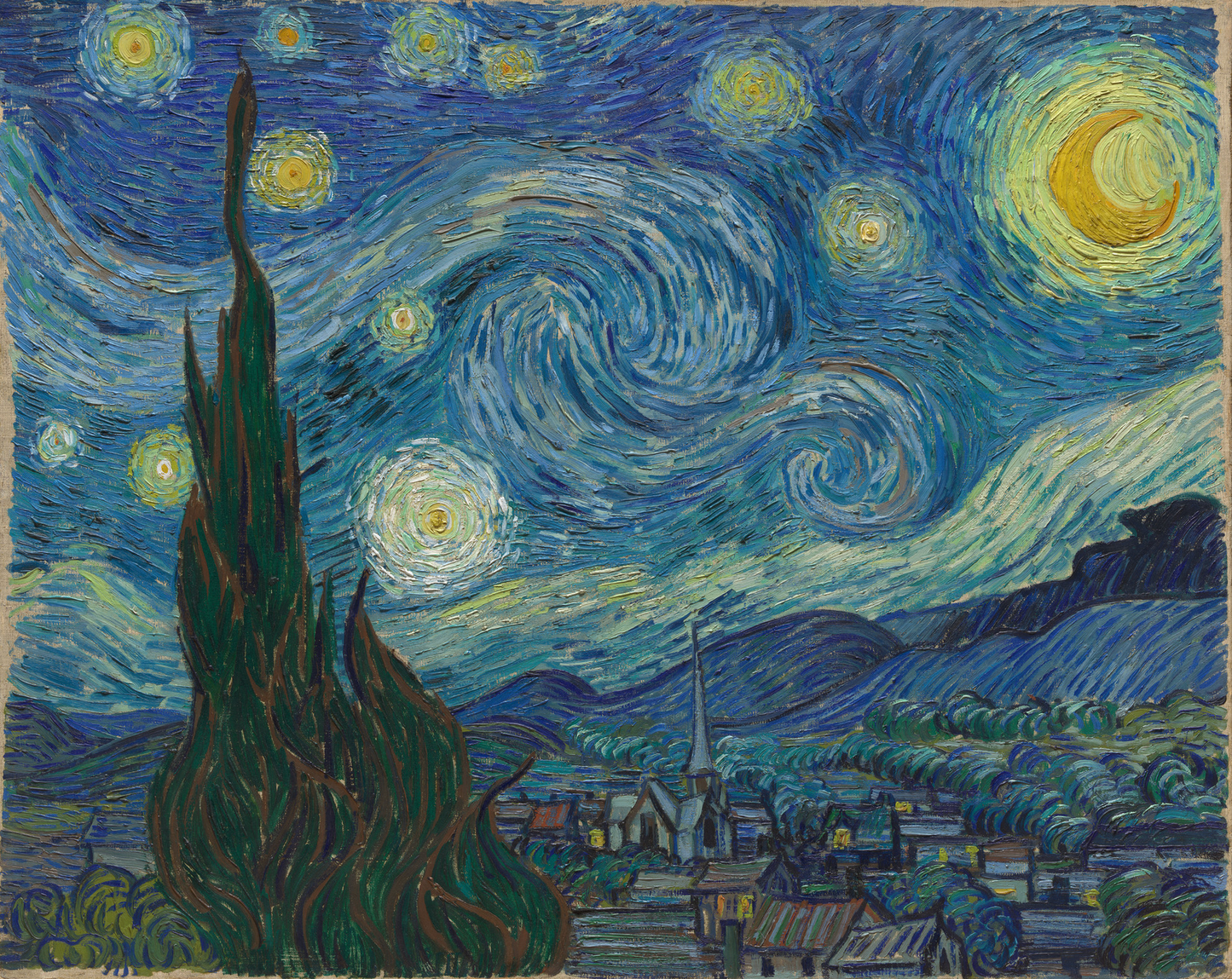 The image is a painting depicting a night sky with swirling clouds and stars, as well as a village in the foreground.
