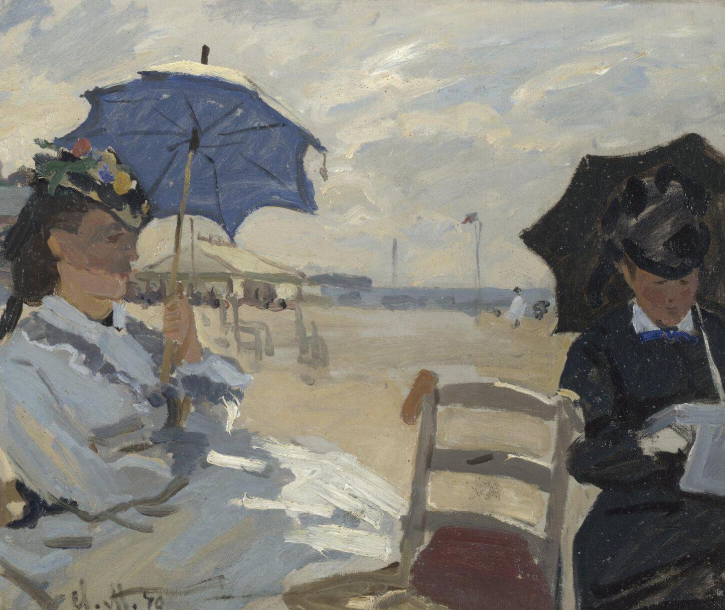 Monet’s earlier paintings of the Normandy coast had emphasised it as a working seascape, peopled with fishermen who had to contend with a cold climate, choppy seas and stormy skies. But this painting and the eight others he made in the summer of 1870 show it as a holiday destination, with wide sandy beaches, bracing air and impressive seaside architecture. Monet painted it during the weeks he spent at Trouville with his wife Camille and their son Jean.