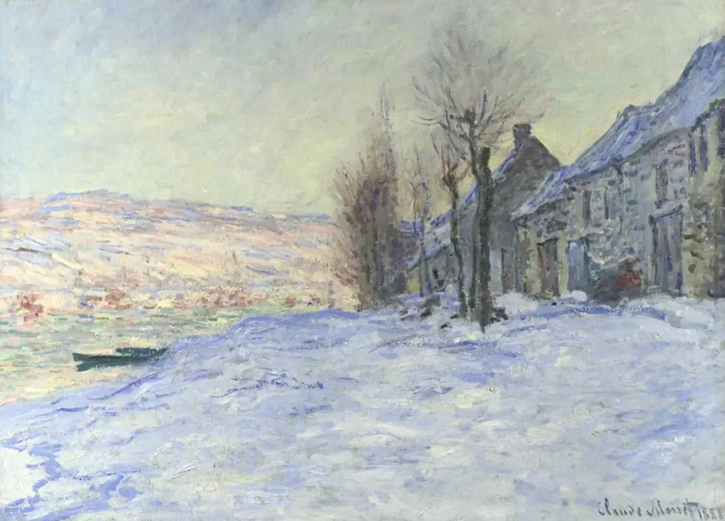 The image is an impressionist painting depicting a snowy landscape with a row of houses and trees in the foreground.