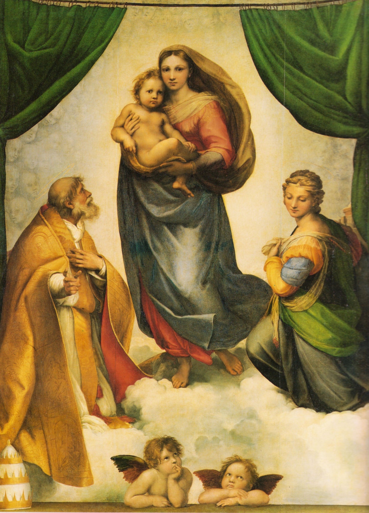 The image is a painting depicting the Virgin Mary holding the baby Jesus, surrounded by angels and other religious figures.