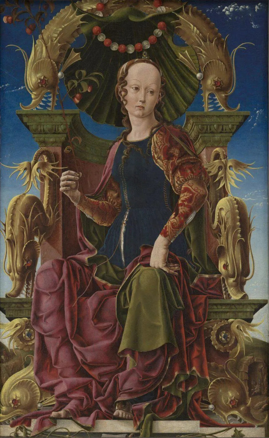 a woman wearing a blue dress with red and gold accents, sitting on a throne with a green and gold design.