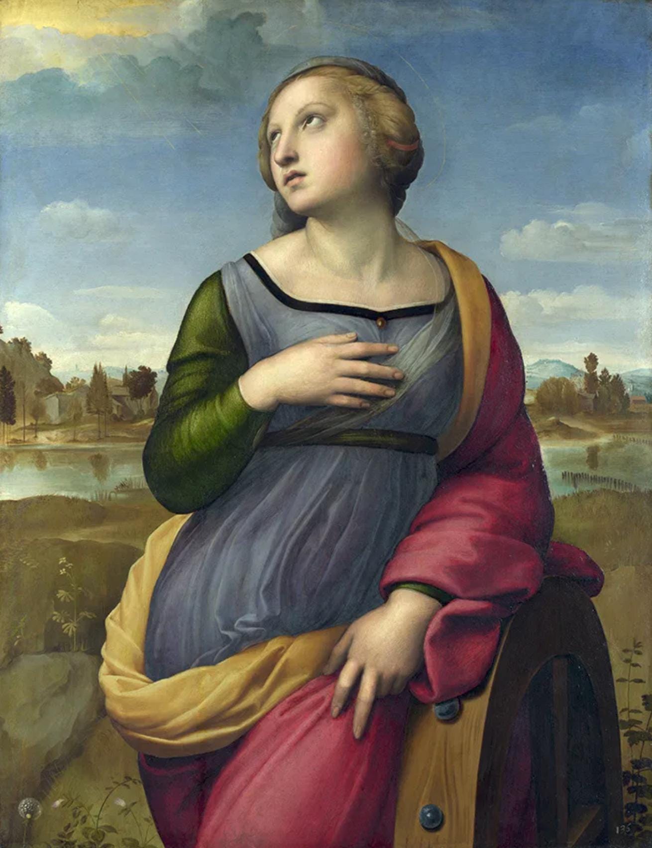 Catherine of Alexandria, a fourth-century princess, was converted to Christianity and in a vision underwent a mystic marriage with Christ. When she would not give up her faith, Emperor Maxentius ordered that she be bound to a spiked wheel and tortured to death. However, a thunderbolt destroyed the wheel before it could harm her. Catherine was then beheaded.