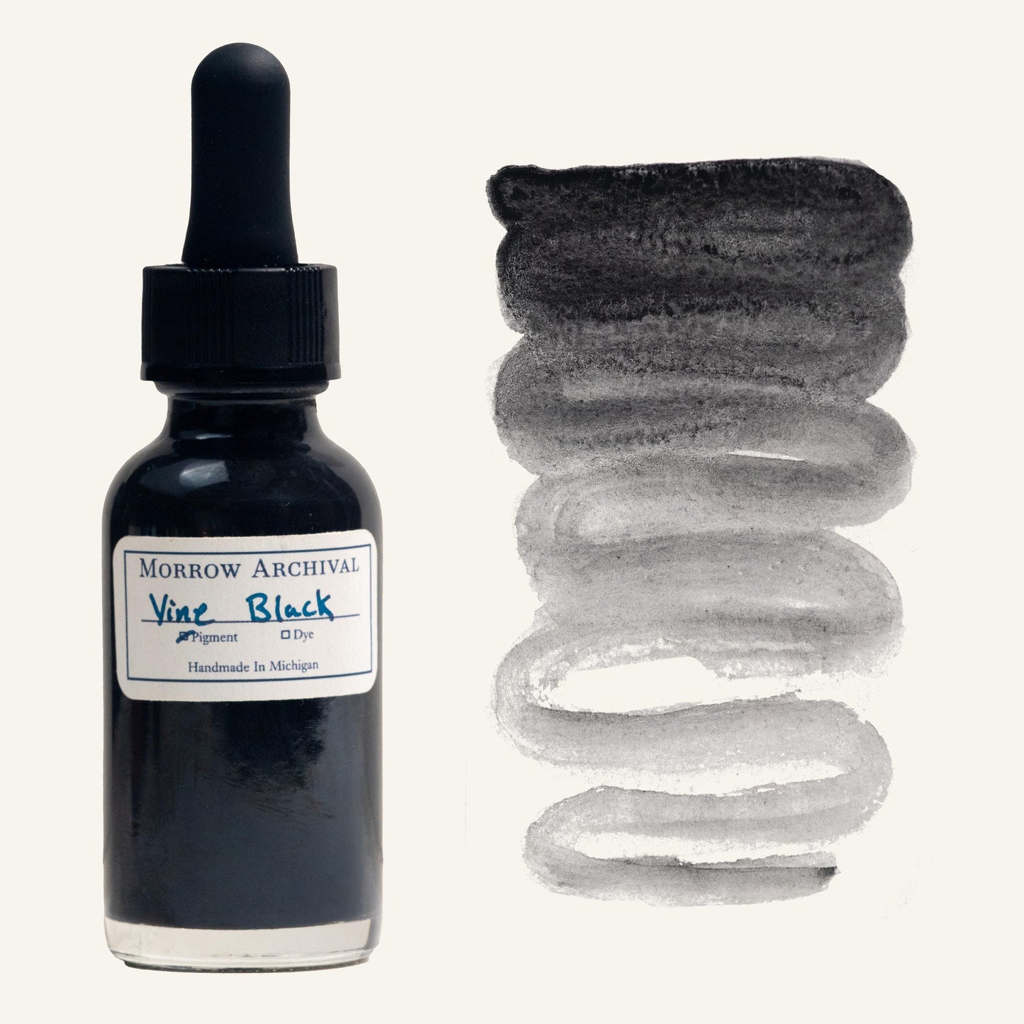 Traditional watercolor ink made from Vine Black pigment, produced by charring French grapevine cuttings, housed in a clear glass dropper bottle with a fine watercolor paper label and hand-painted swatch. This natural black ink has soft undertones of brown and gray, creating a rich, velvety gradient from deep charcoal to smoky ash. Archival quality and historically used by artists for drawing and washes, perfect for calligraphy, tonal studies, and historical artwork.