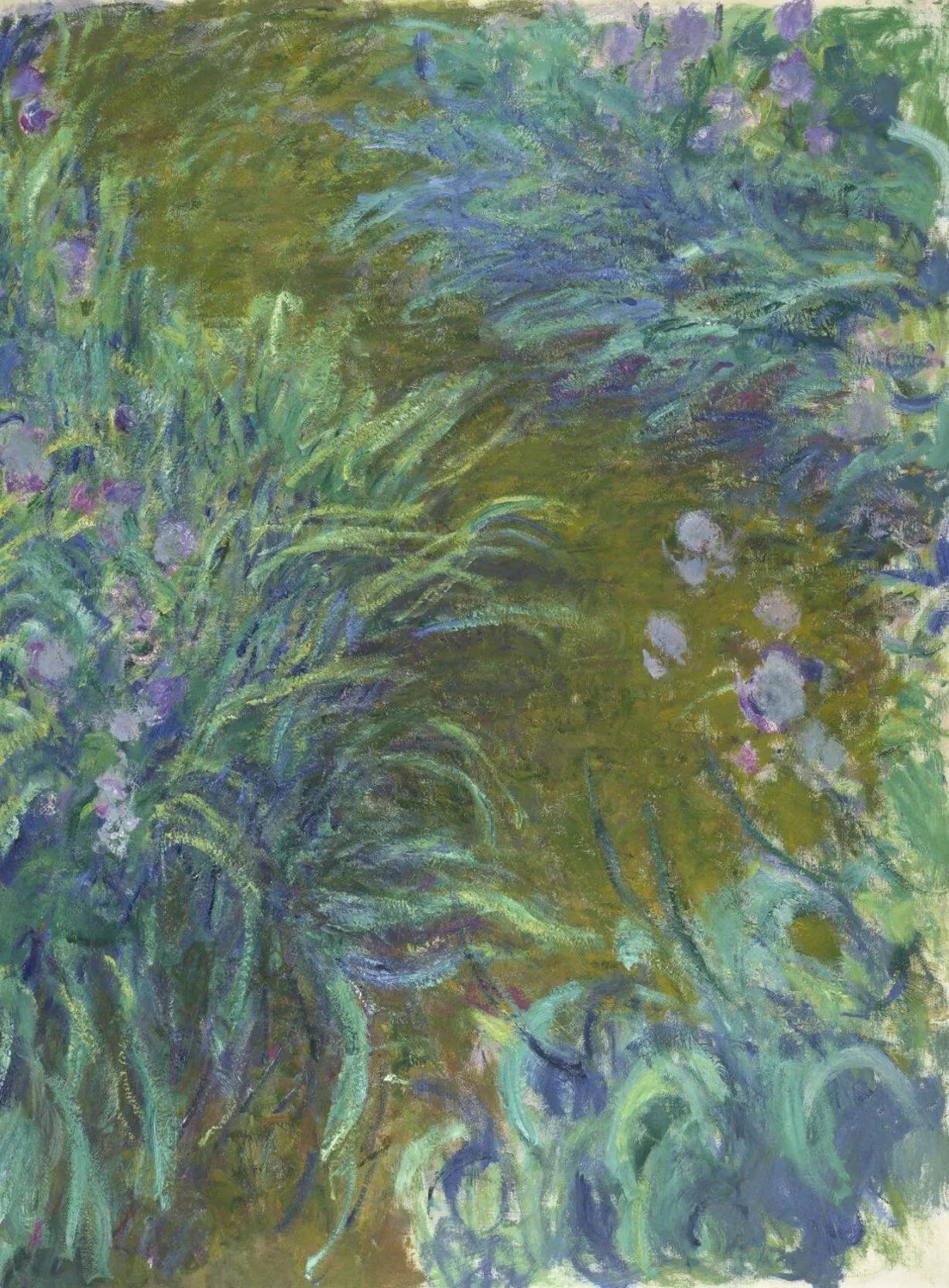 The image is an impressionist painting that depicts a lush, verdant landscape with a variety of green foliage and delicate purple flowers. The brushstrokes are loose and fluid, capturing the essence of the natural scene.