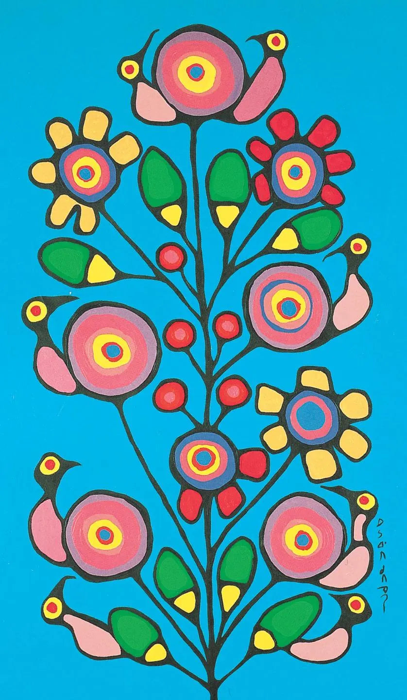 A vibrant and colorful abstract floral design with various shapes and patterns in shades of pink, yellow, green, and blue against a bright blue background.