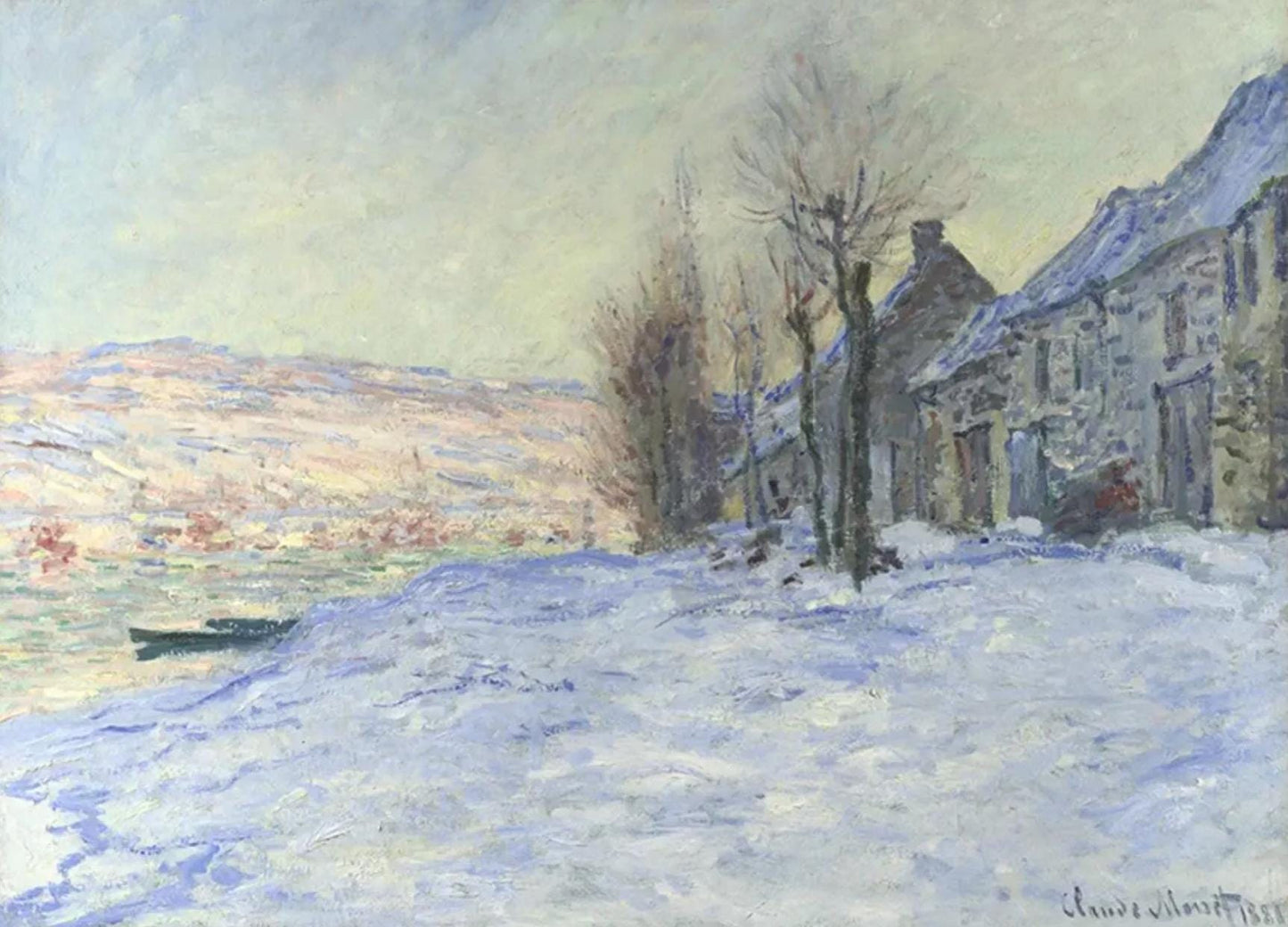 Snow scenes were a particular favourite among the Impressionists, and Monet painted several canvases that explore the way sunlight plays upon the snow, reflecting tones of red, pink, purple and blue at different times of day. He produced this scene of Lavacourt, a tiny hamlet on a bend in the Seine, when he was living in Vétheuil on the opposite side of the river.