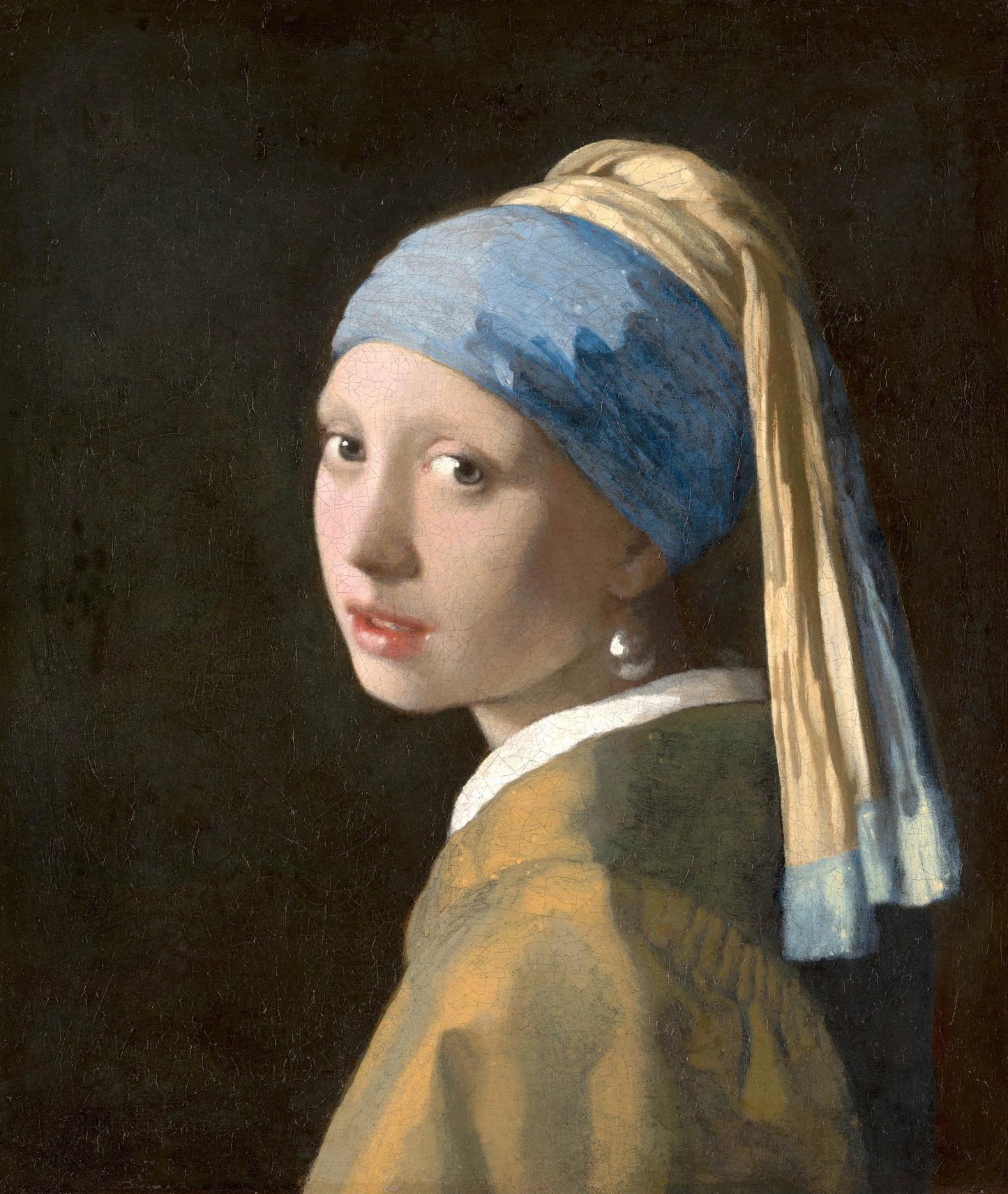 A portrait of a young woman wearing a blue headscarf and a yellow and green robe, with a pearl earring visible in her ear.
