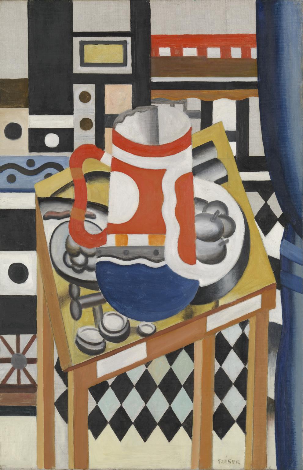 The image is an abstract painting featuring a red and white mug on a wooden table, surrounded by various geometric shapes and patterns.