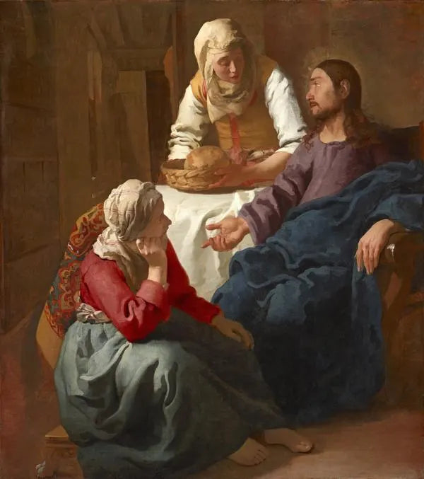 The image is a painting depicting a scene with a man, a woman, and a child. The man is seated on a chair, the woman is standing behind him, and the child is sitting on the floor. The painting is in a realistic style, with a focus on the details of the figures and their interactions.