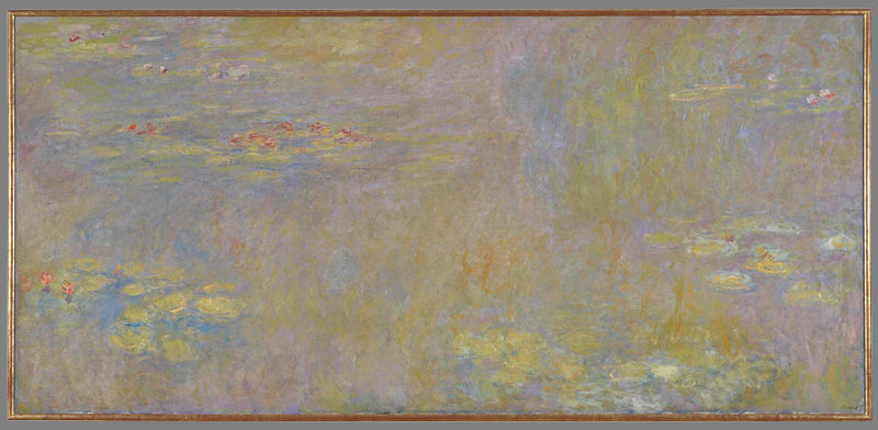 The image is an impressionist painting of a water lily pond, featuring a loose, brushstroke-style depiction of the natural scene.