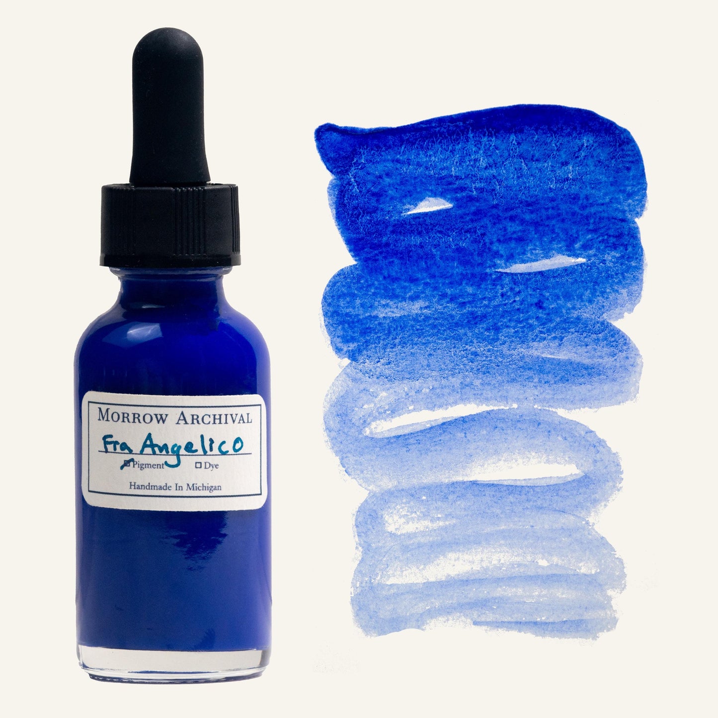 Handmade medieval watercolor ink crafted from genuine Lapis Lazuli, known as Fra Angelico Blue, presented in a clear glass dropper bottle with a fine watercolor paper label and hand-painted swatch. This natural ultramarine pigment offers a radiant sky-blue tone with subtle granulation and soft transparency. The swatch beside the bottle shows a luminous gradient from deep celestial blue to pale wash. Archival quality, ideal for historical painting and manuscript work.
