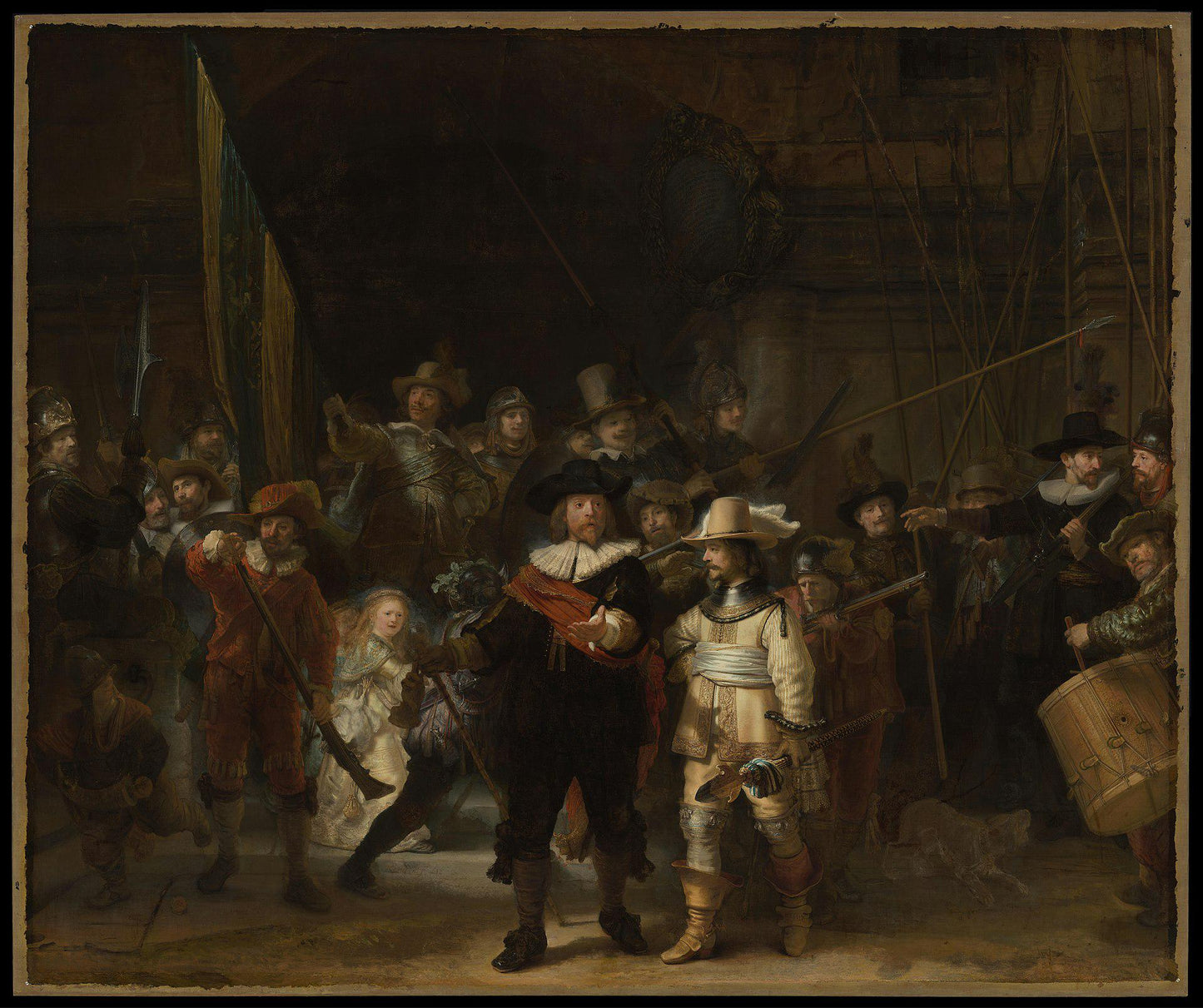The image is a painting depicting a group of people dressed in period clothing, standing in a crowded room.