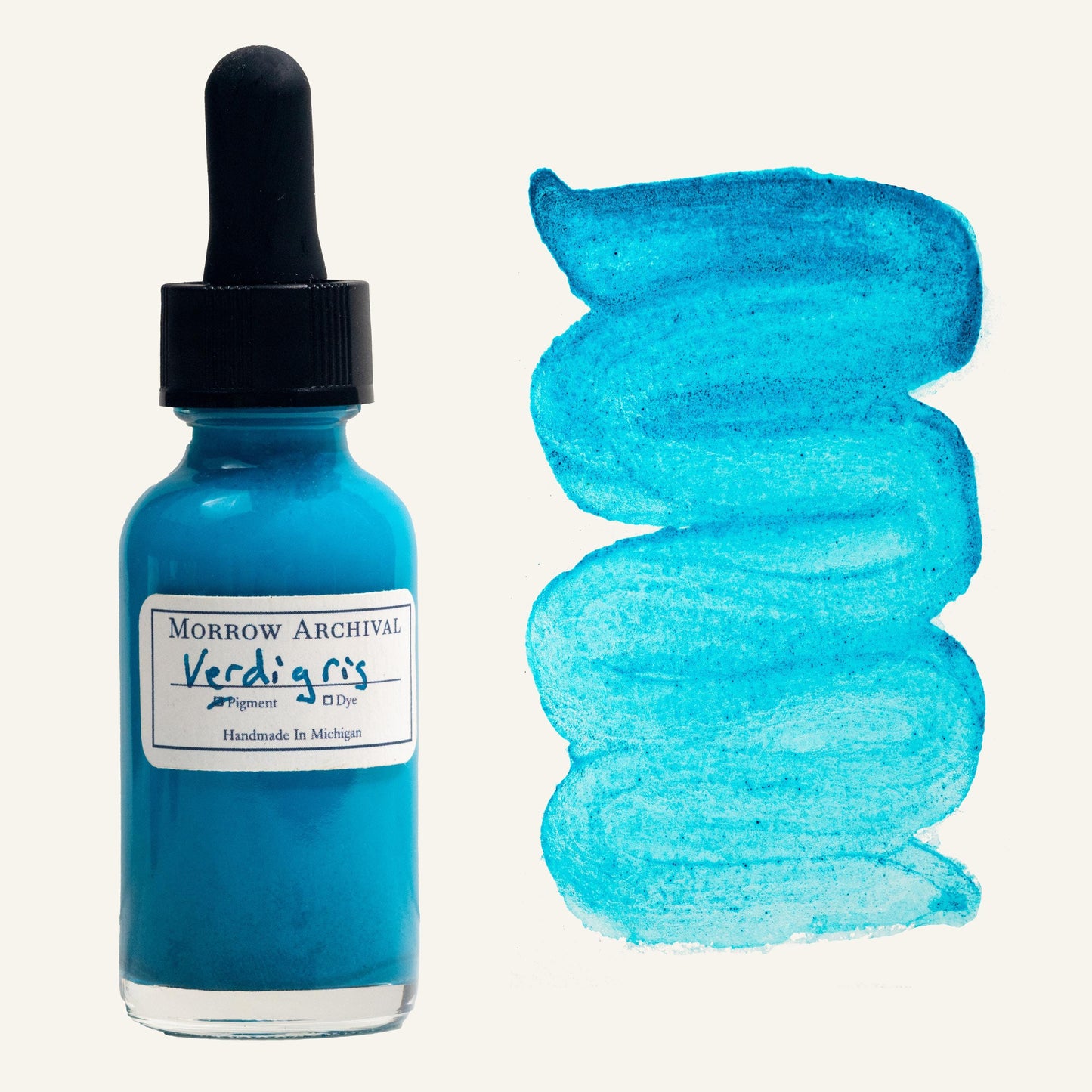 Fine historical watercolor ink made from verdigris, a green-blue turquoise pigment formed from copper acetate, housed in a clear glass dropper bottle with an archival watercolor paper label and hand-painted swatch. This vivid, slightly translucent ink displays a gradient from bright seafoam to deep teal with a subtle metallic undertone. Historically used in medieval manuscripts and Renaissance paintings, this archival-quality ink is ideal for calligraphy and historical illustration.