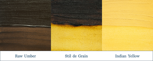 Image Showing Masstone and Undertone differences between Stil de Grain, Raw Umber, and Indian Yellow