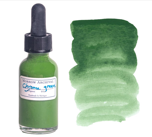 Chrome Green watercolor ink by Morrow Archival, shown in a glass dropper bottle with a deep, cool green wash on watercolor paper. Crafted from a blend of chrome yellow and Prussian blue pigments, this historic 19th-century ink offers rich coverage, subtle granulation, and strong lightfastness. Ideal for natural landscapes, botanical studies, and traditional palettes, this all-natural, small-batch ink is perfect for archival artwork.