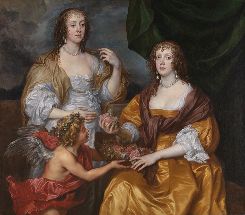Two women in ornate 17th-century dresses sit together; one holds flowers, the other gestures at her neckline. A winged cherub with a red cloth offers pink flowers. The cloudy sky is subtly tinted with Green Verditer Pigment.