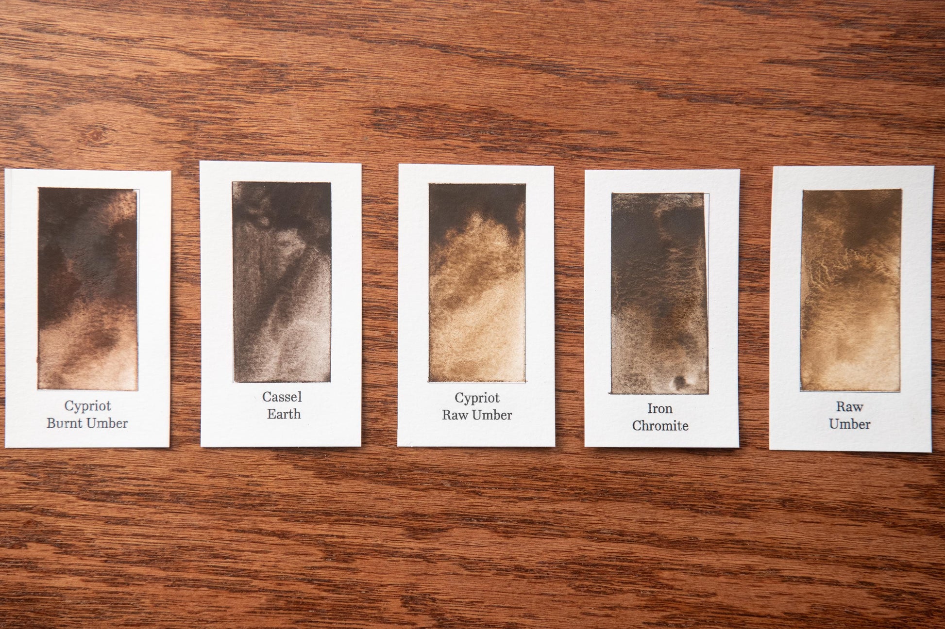 five different samples of bark textures, each labeled with a name, arranged on a wooden surface.