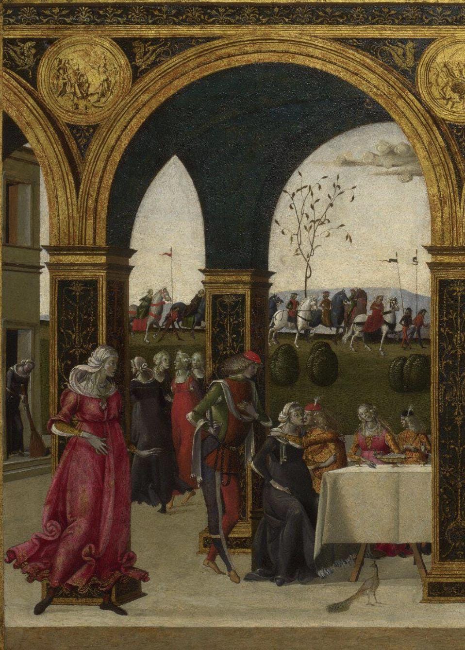 The Decameron, a fourteenth-century collection of stories, tells the tale of Griselda, a peasant woman who was put through a series of tests by her rich husband, the Marquis Gualtieri di Saluzzo. This is the final panel of a series of three; it shows the couple‚Äôs reunion after Griselda‚Äôs ordeal. After pretending to annul their marriage, the Marquis tells Griselda he is marrying again and asks her to arrange the wedding feast; we see her at the far left of the painting, sweeping the floor.