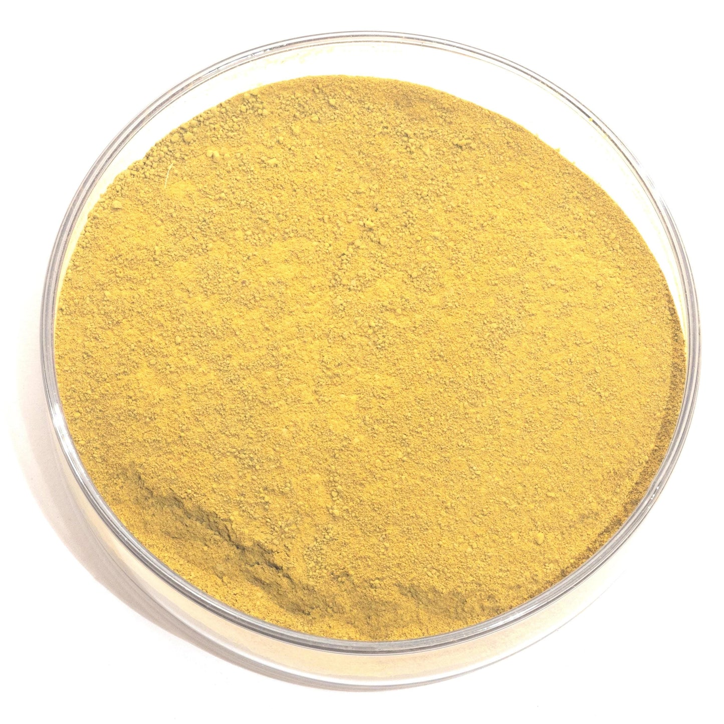 A glass bowl filled with a yellow-colored substance, possibly a powder or granular material.