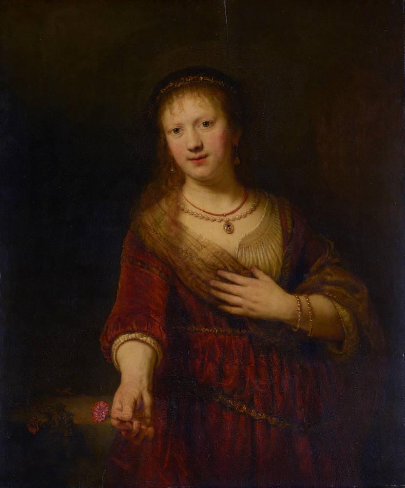 Saskia with a Flower is a 1641 oil on canvas portrait by Rembrandt of his wife Saskia van Uylenburgh, now in the Gem√§ldegalerie Alte Meister in Dresden. It is also known as Saskia with a Red Flower, Saskia with a Carnation or Saskia as Flora. In 1741, it was owned by the Dutch nobleman Gerard Bicker van Zwieten, who put it up for auction with the rest of his collection on 12 April that year.