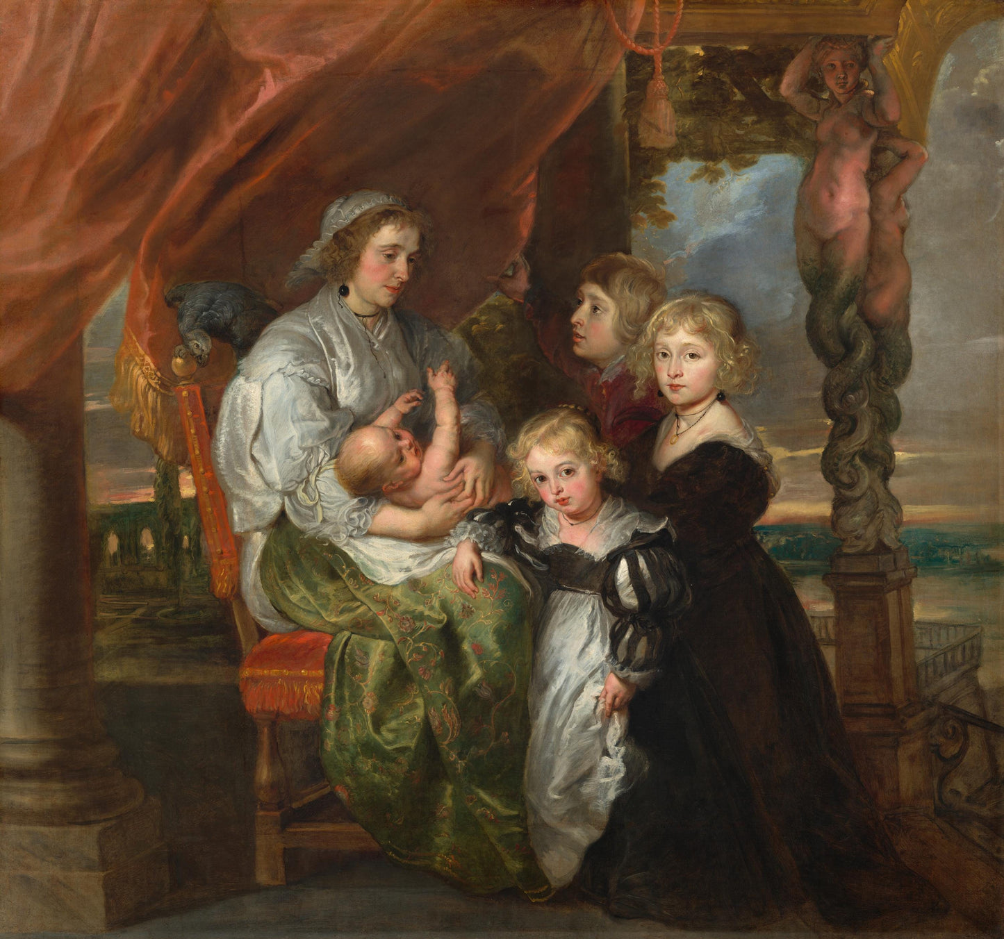 Rubens initially painted the family group at the core of the composition on a vertical rectangular central piece of canvas, to which he‚Äîperhaps while still in England‚Äî added strips on all four sides in preparation for the almost square final composition. When Rubens returned to Antwerp in April 1630, he took the still-unfinished family portrait with him. The painting, which remained in his possession, was probably completed by Jacob Jordaens after Rubens's death in 1640.