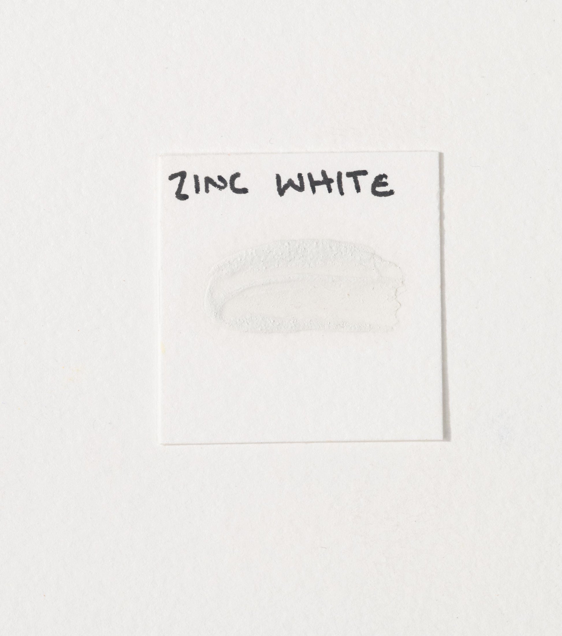 Zinc White pigment tested in watercolor using honey, in oil, and mixed with tints of titanium white and lead white. The image highlights its subtle, cool transparency in watercolor, smooth blending in oil, and soft tinting strength compared to other whites. A historical pigment known for delicate highlights and glazing. High-quality Zinc White swatches displayed for comparison."