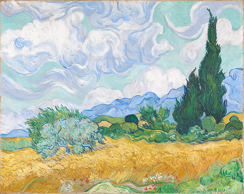 The image is a landscape painting depicting a countryside scene with a field of golden wheat, trees, and mountains in the background.