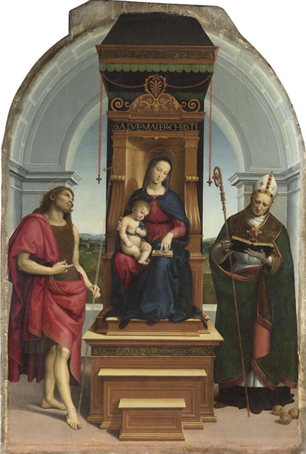 This painting was originally part of the altar of Ansidei Madonna in the Church of Saint Fiorenzo in Perugia. The painting Saint John the Baptist Preaching was placed on the predella (lower part of the platform on which an altar is placed) of this altar. This painting is also owned by the National Gallery London, the other paintings of the predella are lost.