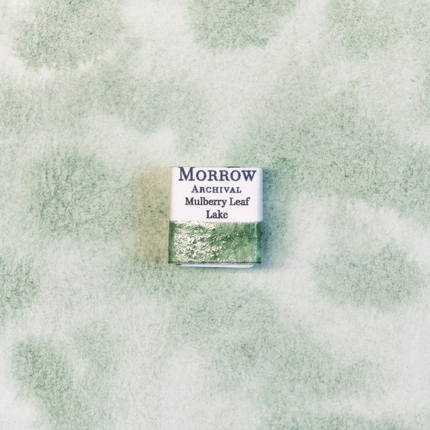 Close-up image of a half pan of Mulberry Leaf Green handmade watercolor paint, showing a soft, natural green with golden undertones and a translucent finish. The pan is placed on a neutral or botanical-inspired background, highlighting its plant-based origin and artisanal craftsmanship. Ideal for artists seeking a delicate, sustainable green with a living, organic feel.