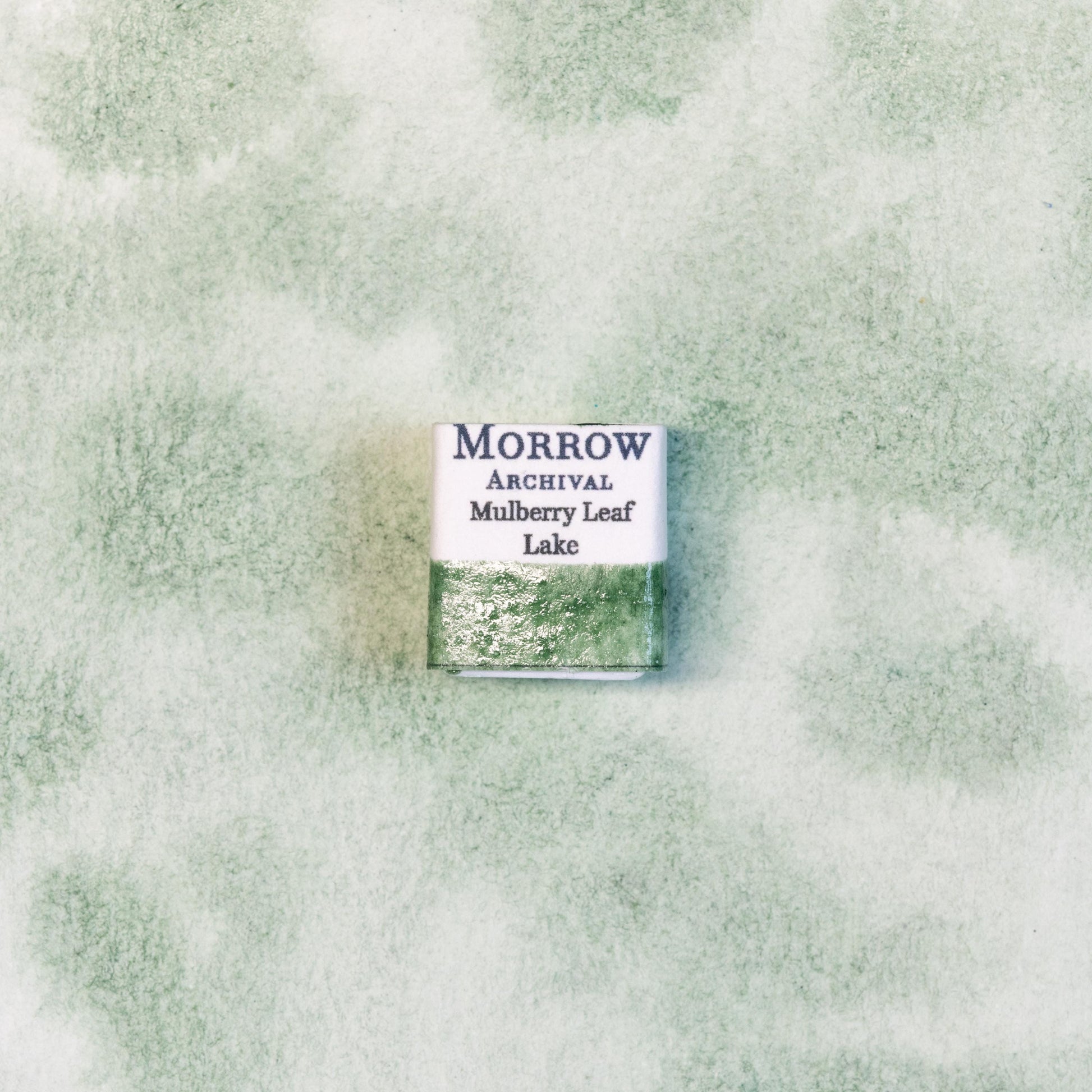 Close-up image of a half pan of Mulberry Leaf Green handmade watercolor paint, showing a soft, natural green with golden undertones and a translucent finish. The pan is placed on a neutral or botanical-inspired background, highlighting its plant-based origin and artisanal craftsmanship. Ideal for artists seeking a delicate, sustainable green with a living, organic feel.