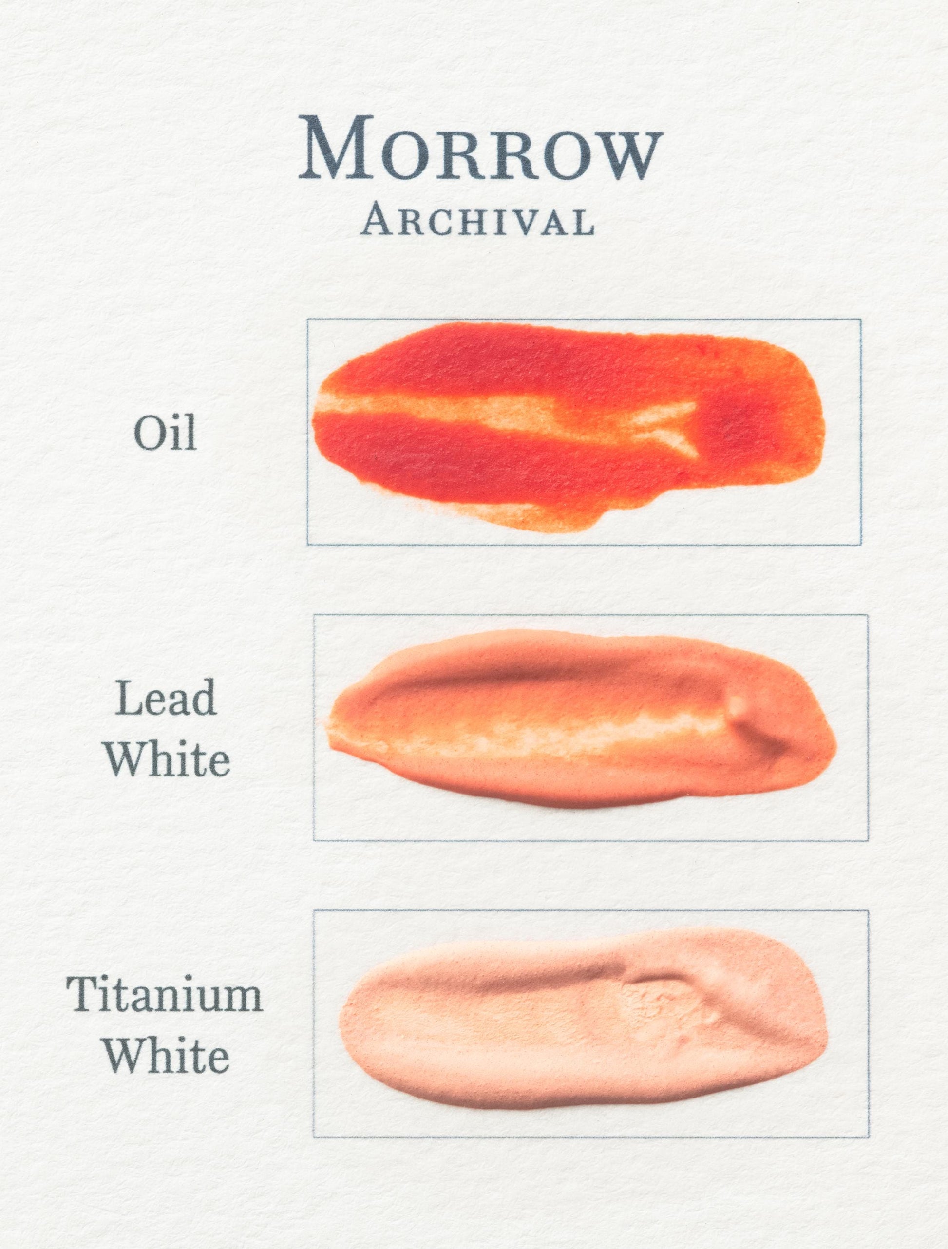 Three paint swatches labeled Morrow Archival: Madder Lake Intense Pigment, a vibrant orange-red oil paint with handmade pigment; a warm peachy-pink lead white; and a pale cream titanium white, each in boxed sections on textured paper.