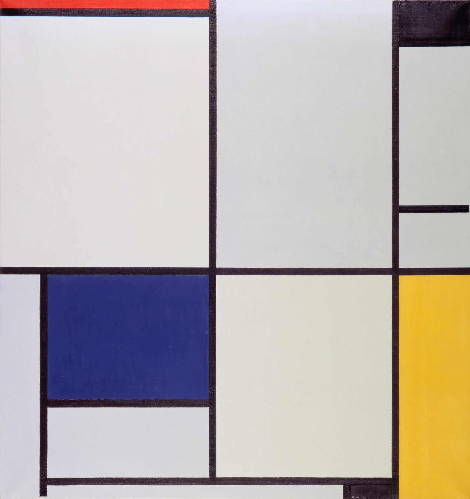 The colored forms have the most obvious brush strokes, all running in one direction. Most interesting, however, are the white forms, which clearly have been painted in layers, using brush strokes running in different directions. This generates a greater sense of depth in the white forms so that they appear to overwhelm the lines and the colors, which indeed they were doing, as Mondrian's paintings of this period came to be increasingly dominated by white space.
