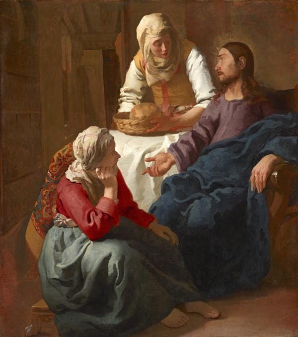 This is certainly the largest and one of the earliest surviving paintings by Vermeer. It is also his only known work of a biblical subject. Saint Luke‚Äôs Gospel tells of Christ‚Äôs visit to the sisters‚Äô house. Christ praised Mary‚Äôs willingness to sit and listen to his teachings, unlike Martha who was preoccupied with housekeeping.