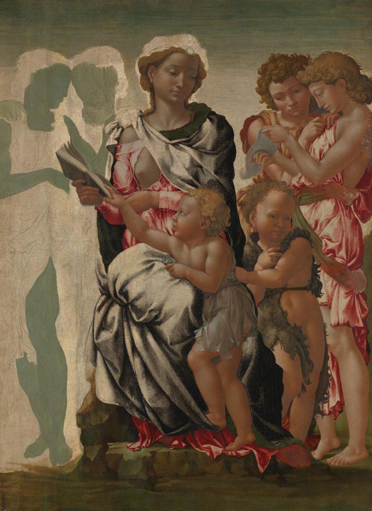 This is probably the earliest of Michelangelo‚Äôs surviving paintings. 
The Virgin sits on a rock with the Christ Child and young John the Baptist next to her. Angels stand on either side ‚Äì we can make out the two on the left only by the lines drawn in to mark out the folds in their clothes and by the areas of greenish underpainting traditionally used to balance the pinkish flesh tones that would be painted over them.