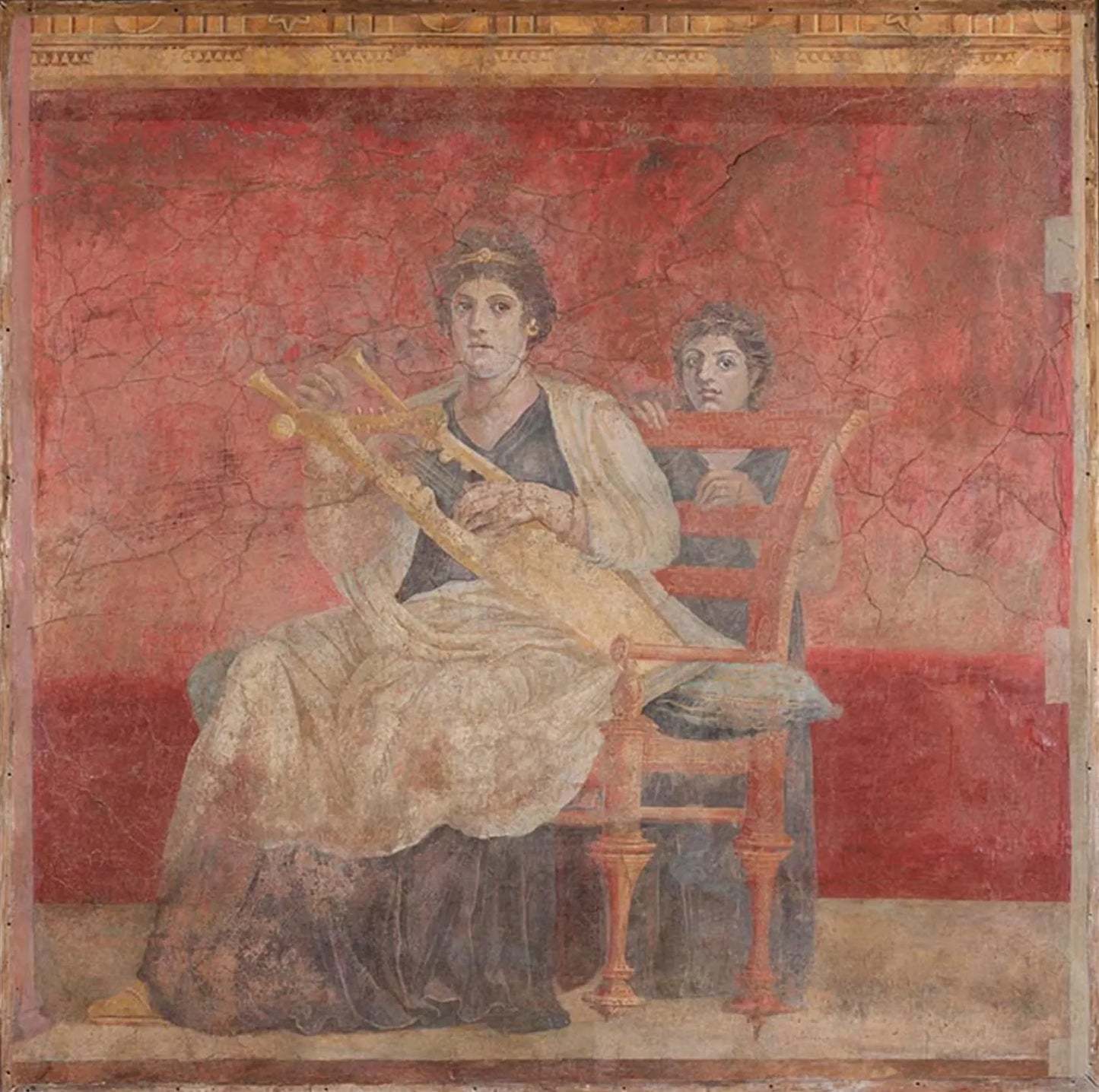 The image is a painting depicting a woman sitting in a chair, holding a musical instrument, with a child standing behind her.