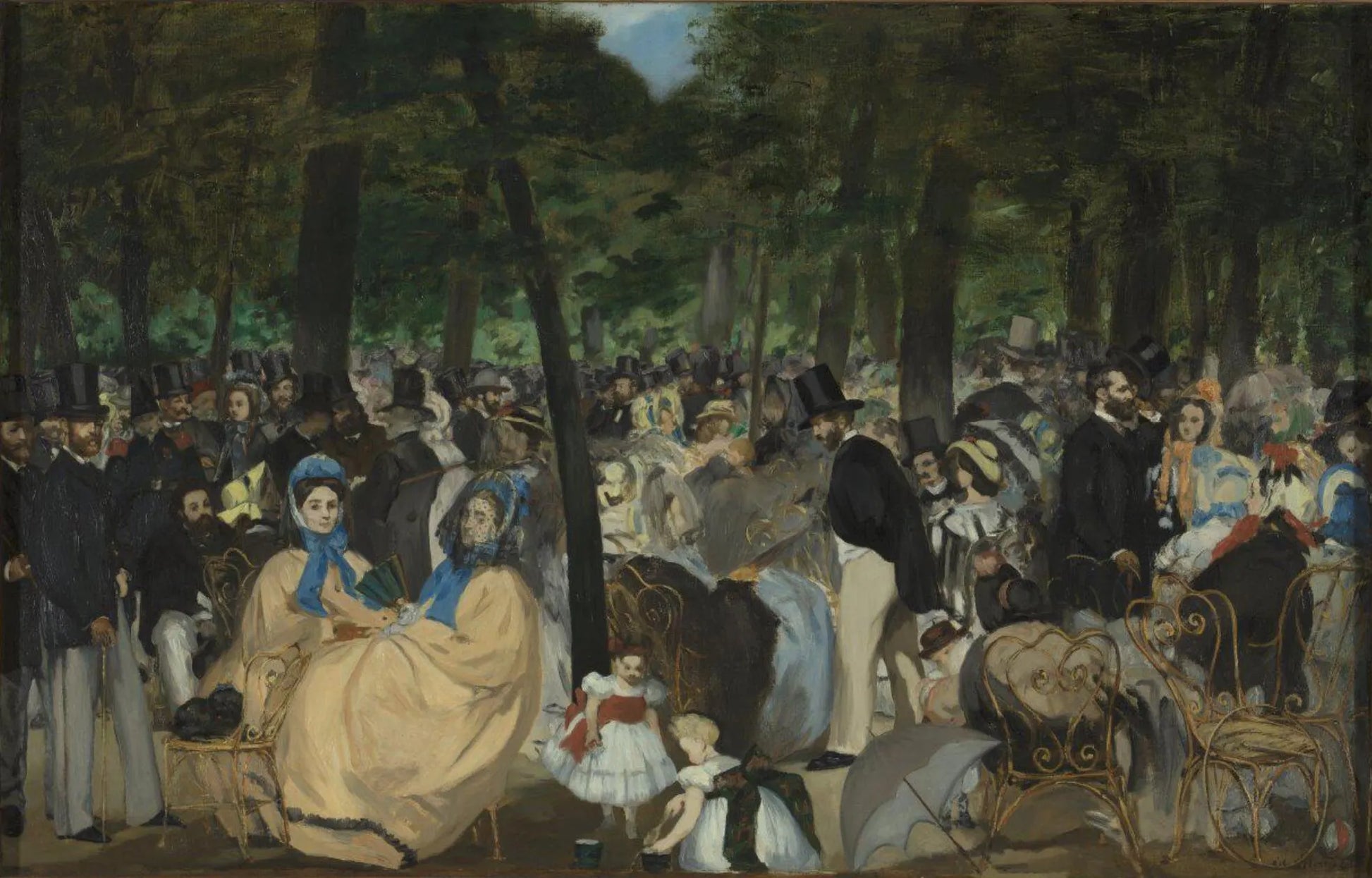 The image is a painting depicting a crowded social event, likely a ball or gathering, with people dressed in formal attire and engaged in conversation.