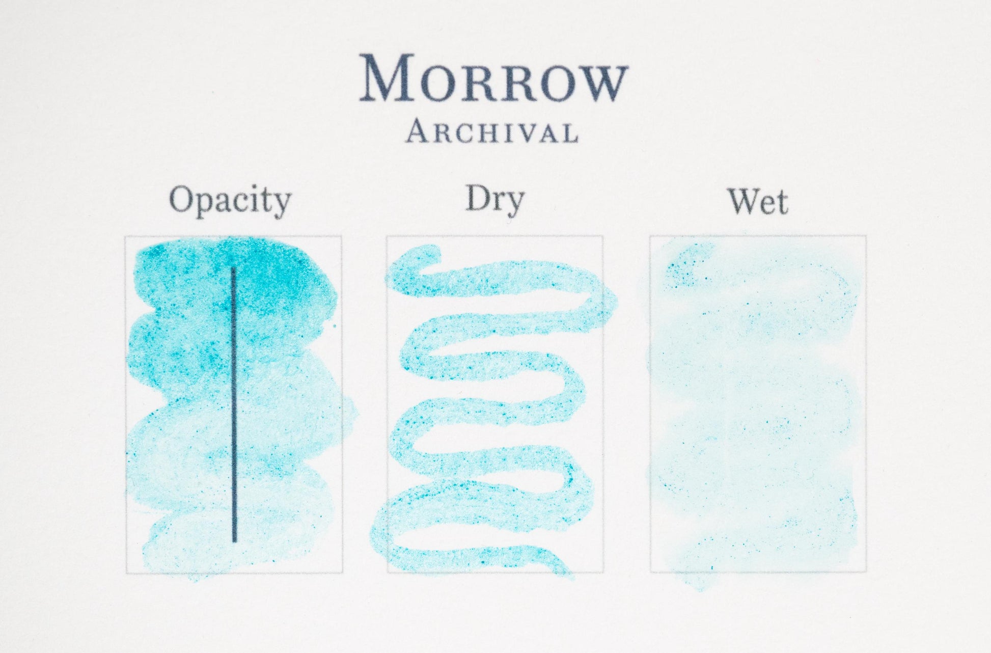 A chart titled Verdigris Fine Pigment shows three labeled boxes: Opacity with dense blue ink, Dry with a wavy blue line, and Wet with a faint wash of blue—demonstrating how the pigment performs in different states.