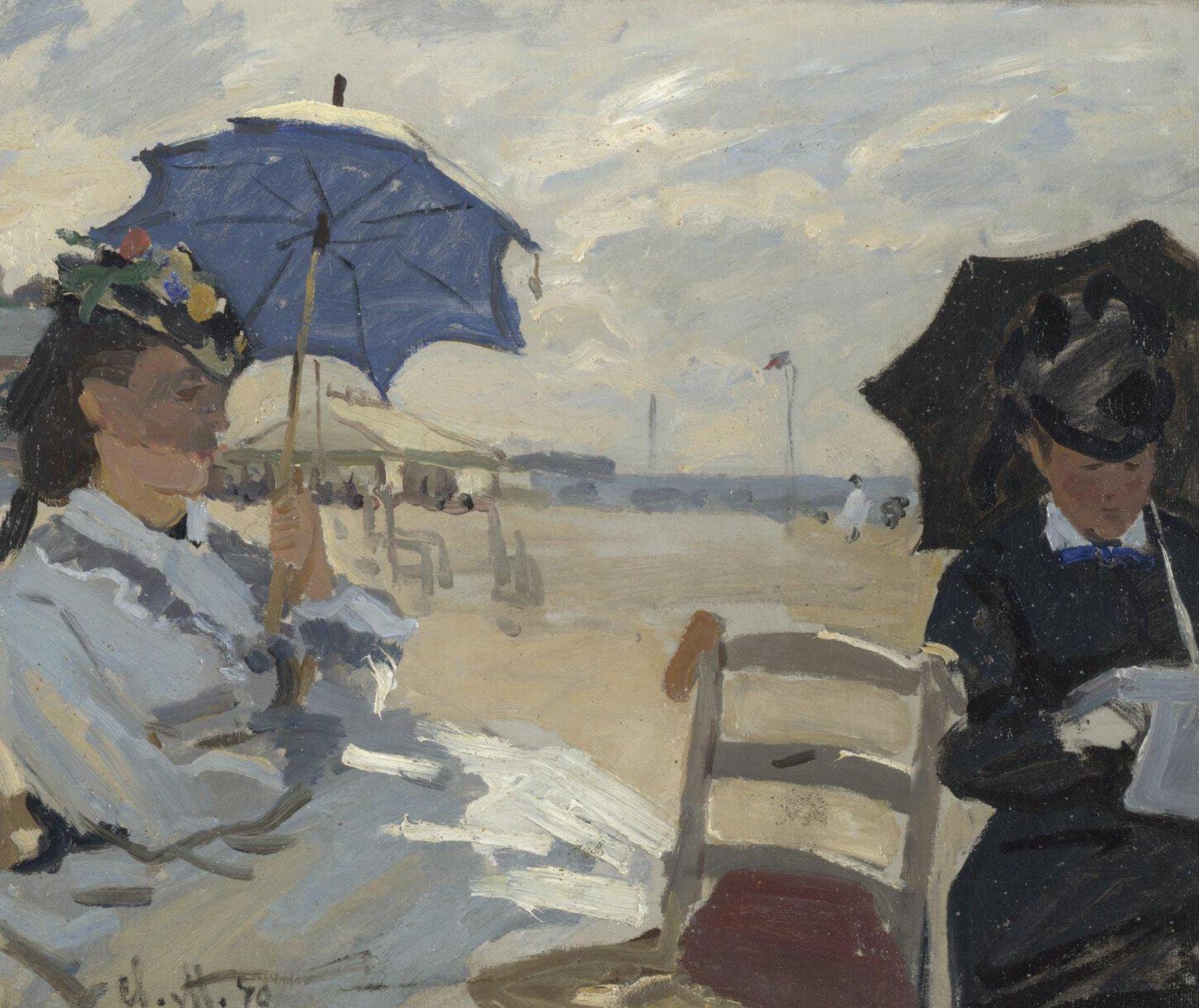 Monet’s earlier paintings of the Normandy coast had emphasised it as a working seascape, peopled with fishermen who had to contend with a cold climate, choppy seas and stormy skies. But this painting and the eight others he made in the summer of 1870 show it as a holiday destination, with wide sandy beaches, bracing air and impressive seaside architecture. Monet painted it during the weeks he spent at Trouville with his wife Camille and their son Jean.