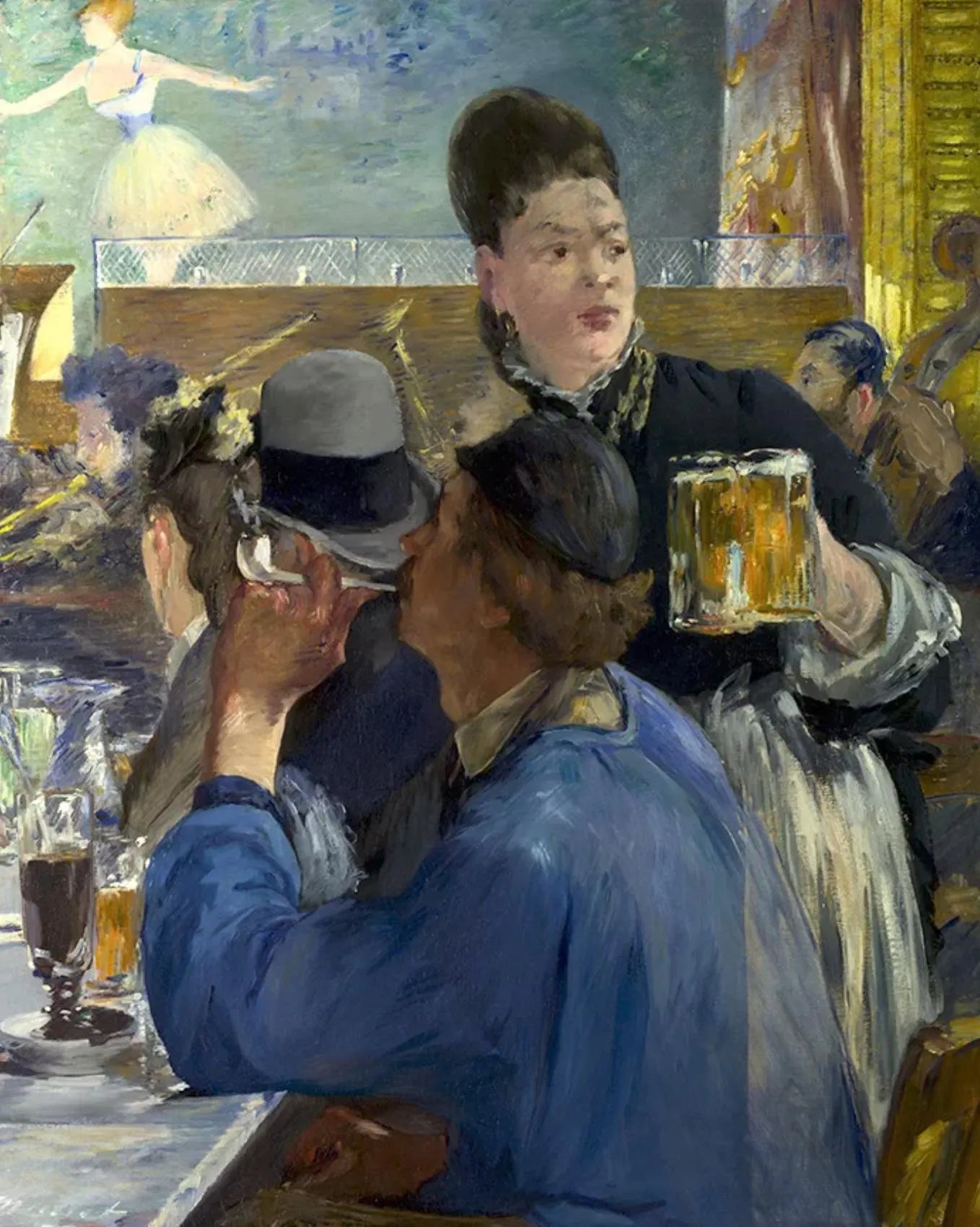 The image is an impressionist painting depicting a lively scene in a bar or restaurant, with people enjoying drinks and conversation.