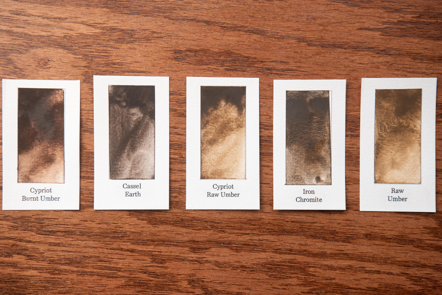 five different samples of bark textures, each labeled with a name, arranged on a wooden surface.