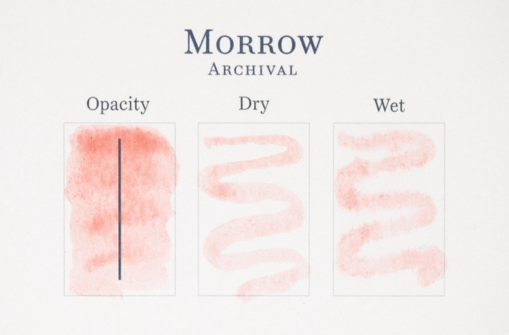 A swatch test labeled Madder Light Lake Pigment features handmade color in three columns—Opacity (red over black), Dry (red wavy line), and Wet (lighter red wave)—using natural madder for rich, authentic tones.