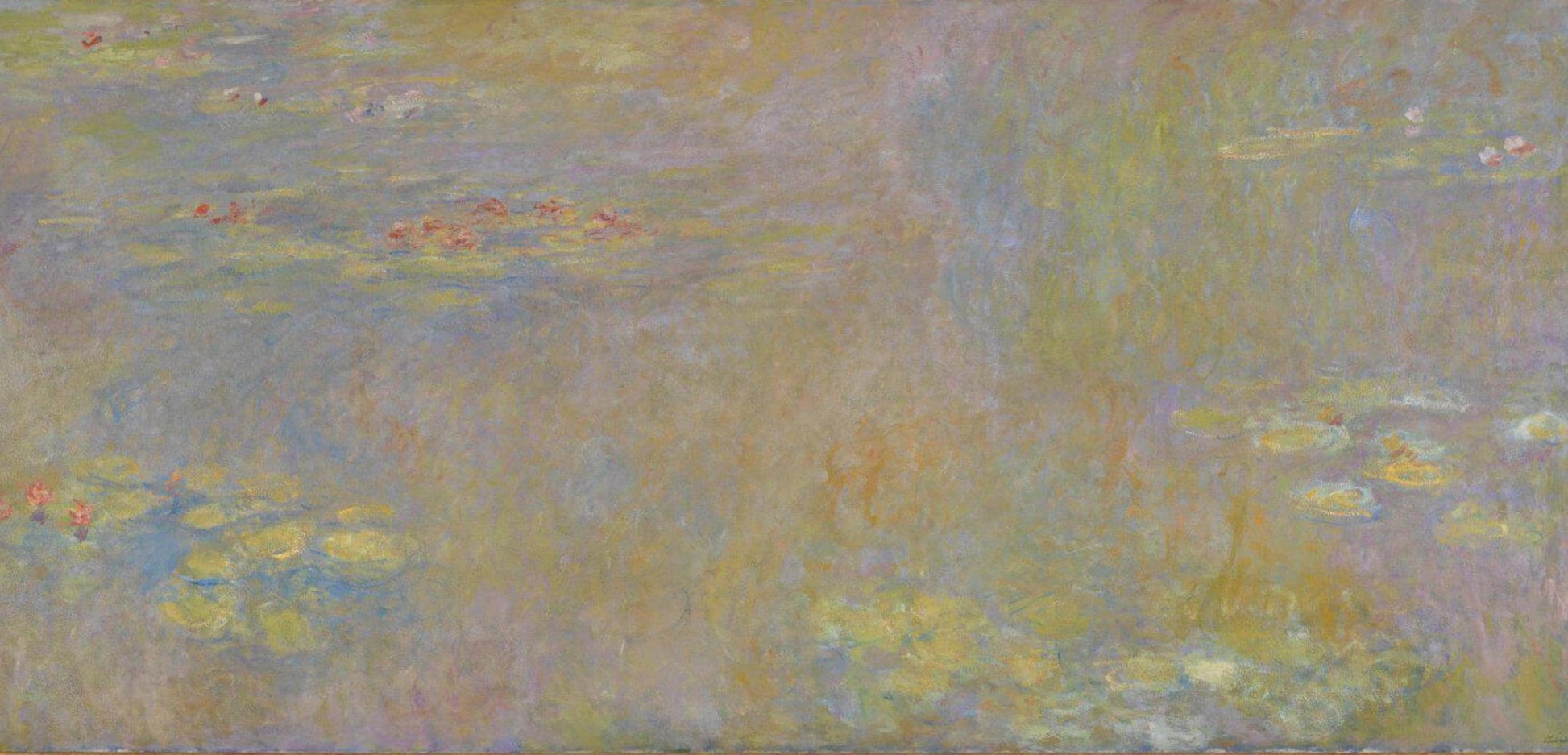 The Orangerie canvases tend to have recognisable details of trees and foliage which act as compositional anchors and help locate the viewer in the scene. However, this painting lacks any of these; distance and perspective are abolished and a limitless expanse of water occupies our entire field of vision. The huge pale picture offers an immersive experience, its surface alive and shimmering with trails of green, ochre, violet, yellow, sky blue and pink.