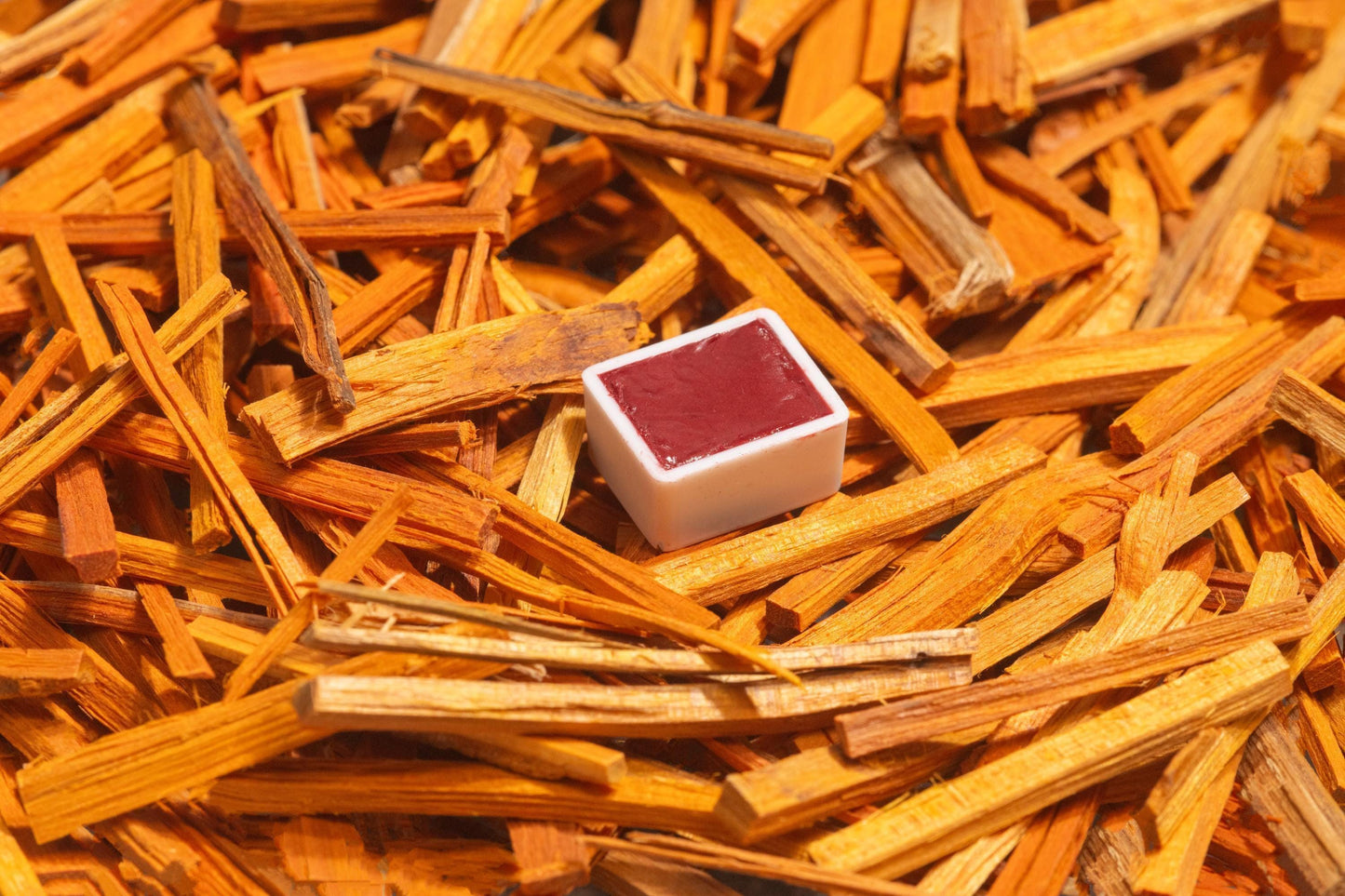Brazilwood watercolor half pan displayed atop raw brazilwood chips, emphasizing the natural origin of this vivid pink-red pigment. Handcrafted using traditional dye extraction methods, this artist-grade watercolor offers rich crimson hues with historical significance in manuscript illumination and textile dyeing. Ideal for artists seeking natural pigments, historical red watercolor, and botanical dye-based paints. Crafted for brazilwood watercolor and eco-conscious art materials.