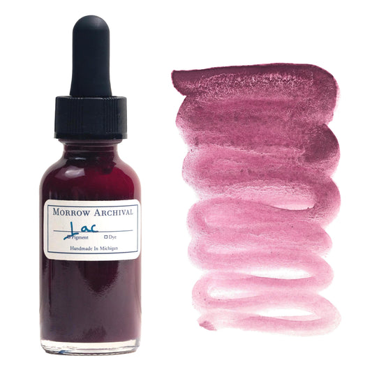 Historical watercolor ink made from Lac Lake pigment, a deep magenta-purple derived from natural insect resin, presented in a clear glass dropper bottle with a watercolor paper label and hand-painted swatch. The ink flows smoothly and showcases a vivid gradient from rich royal purple to soft pink wash. Archival and historically accurate, this ink is perfect for medieval illumination, historical art techniques, calligraphy, and natural dye-based painting.