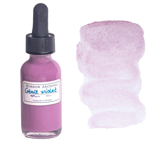 Cobalt Violet watercolor ink by Morrow Archival, shown in a glass dropper bottle with a delicate, cool violet wash on watercolor paper. Made from genuine cobalt phosphate pigment, this rare, single-pigment ink offers soft granulation, lightfast transparency, and a gentle floral hue prized by 19th-century painters. Perfect for botanical illustration, portrait glazing, and collectors of archival, artisan-crafted watercolor inks.