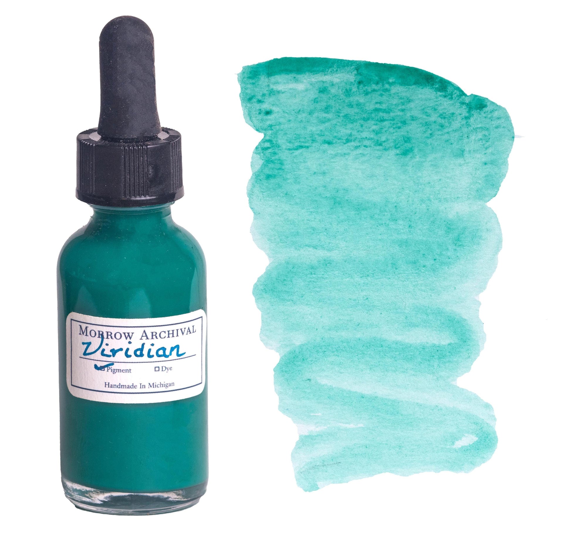 Viridian watercolor ink by Morrow Archival, displayed in a glass dropper bottle with a cool, translucent green-blue wash on watercolor paper. Handcrafted from natural chromium oxide hydrate, this historic, single-pigment ink offers excellent lightfastness, smooth flow, and subtle granulation. First introduced in the 19th century, Viridian is ideal for landscapes, botanical work, and artists seeking archival-quality, eco-conscious paint.