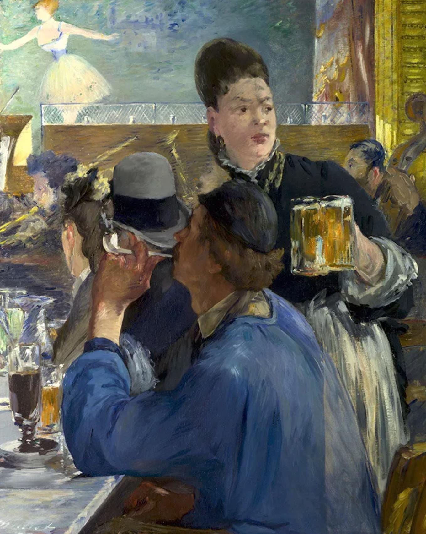 In August 1877 Manet began work on a large picture of the Brasserie de Reichshoffen, where he was fascinated by the skill of the waitresses. While working on the picture, he radically altered his plans and cut it in two, completing each half separately. This snapshot view of the cafe is the right side of the larger painting. The left half shows a man and two women sitting at the other side of the table. Titled Au Caf√©, that painting is in the Reinhart Collection, Winterthur, Switzerland.