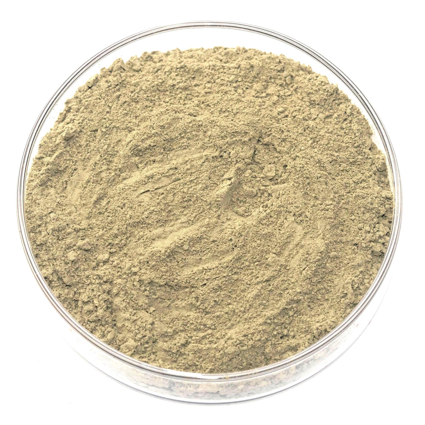 A glass bowl filled with a light brown substance, possibly a type of powder or granular material.